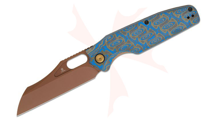 Tenable Knives Jonathan Styles Tuckamore Folding Knife 3.54 inch Nitro-V Rose Gold Sheepsfoot Blade, Blue and Yellow Vortex Micarta Handles