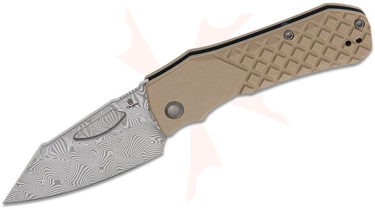 Tenable Knives Loki Folding Knife 2.99 inch  inchWater Ripple inch Damascus Wharncliffe Blade, Brown G10 Handles