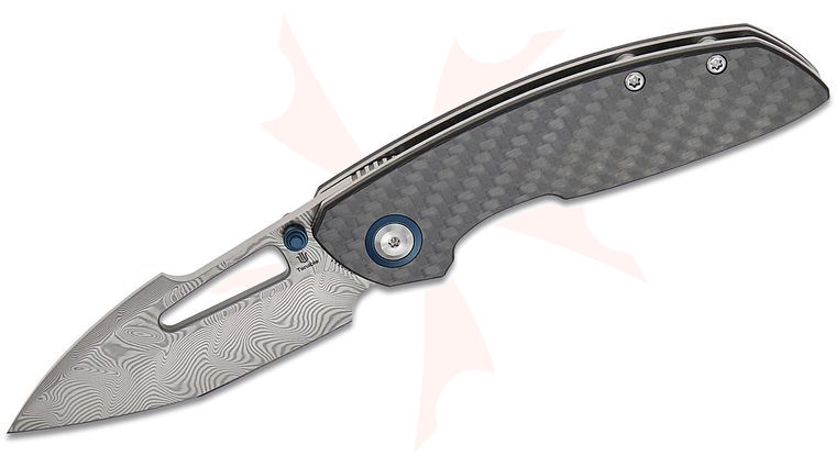 Tenable Knives Link Front Flipper Knife 3 inch Water Ripple Pattern Damascus Harpoon Blade, Twill Carbon Fiber & G10 Laminate Handles