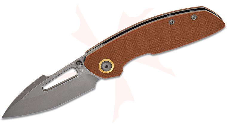 Tenable Knives Link Front Flipper Knife 3 inch 14C28N Gray TiCN Harpoon Blade, Brown G10 Handles