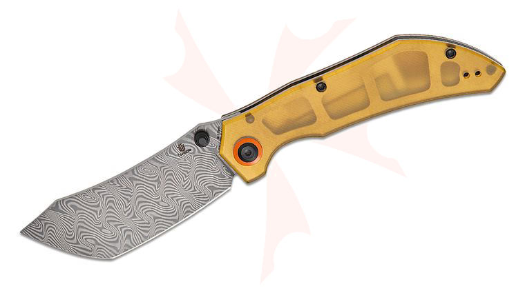 Tenable Knives Tipper Folding Knife 3.39 inch Damascus Modified Cleaver Blade, Amber Ultem/PEI Handles