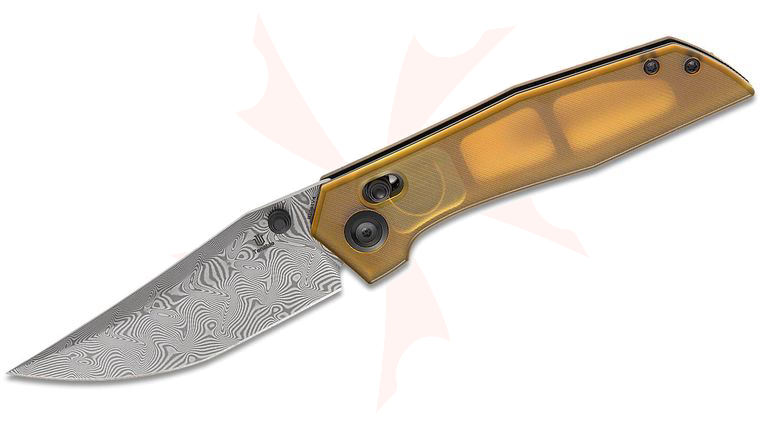 Tenable Knives TuffKnives Deadite Crossbar Lock Folding Knife 3.52 inch  inchWater Ripple inch Damascus Harpoon Blade, Amber PEI Handles