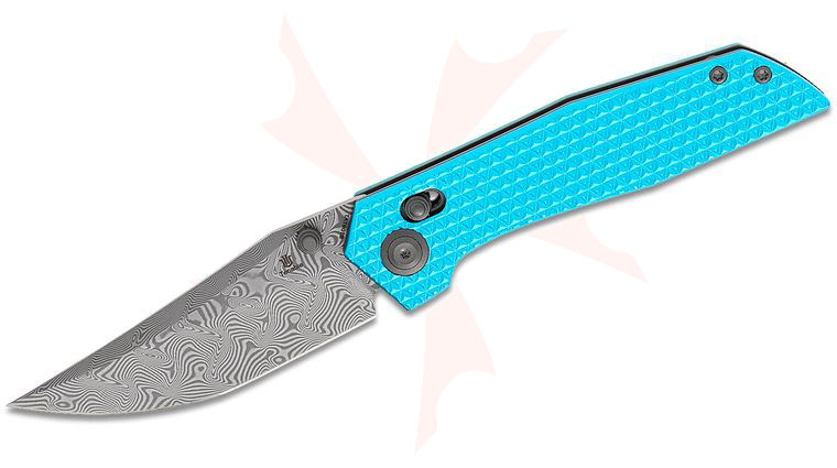 Tenable Knives TuffKnives Deadite Crossbar Lock Folding Knife 3.52 inch  inchWater Ripple inch Damascus Harpoon Blade, Light Blue Anodized Aluminum Handles
