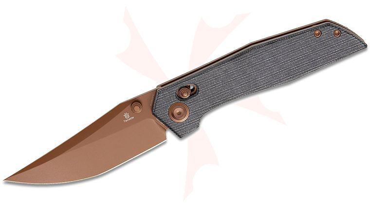 Tenable Knives TuffKnives Deadite Crossbar Lock Folding Knife 3.52 inch 14C28N Rose Gold Clip Point Blade, Black Micarta Handles