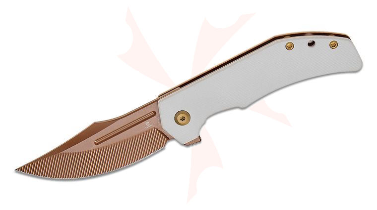 Tenable Knives Orion Flipper Knife 3.07 inch Nitro-V Rose Gold CNC-Milled Clip Point Blade, Ivory G10 Handles