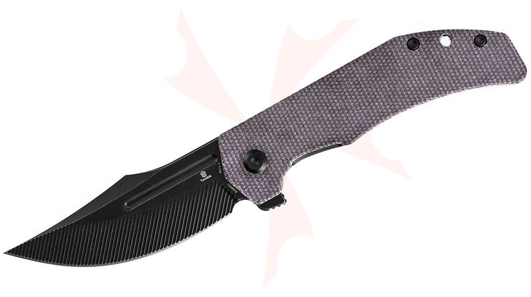 Tenable Knives Orion Flipper Knife 3.07 inch Nitro-V Black Stonewashed CNC-Milled Clip Point Blade, Purple Micarta Handles