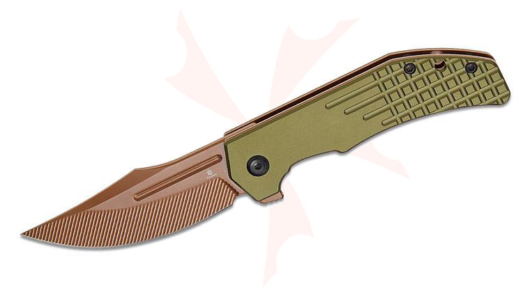 Tenable Knives Orion Flipper Knife 3.07 inch Nitro-V Rose Gold CNC-Milled Clip Point Blade, Green Aluminum Handles