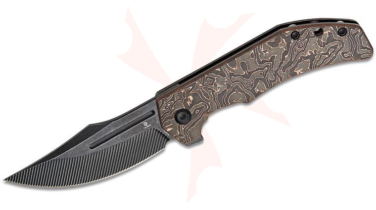 Tenable Knives Orion Flipper Knife 3.07 inch Nitro-V Black Stonewashed CNC-Milled Clip Point Blade, Copper Carbon Fiber Handles