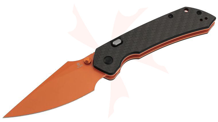 Tenable Knives Fenrir Top Liner Lock Folding Knife 3.45 inch Nitro-V Orange Coated Harpoon Blade, Twill Carbon Fiber Handles