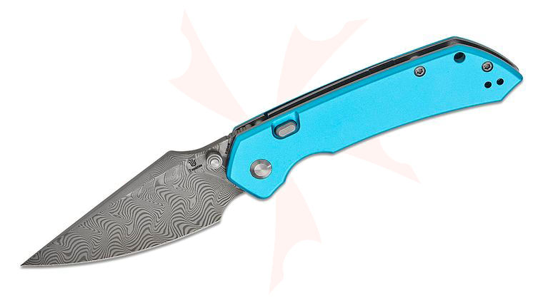Tenable Knives Fenrir Top Liner Lock Folding Knife 3.45 inch Damascus Harpoon Blade, Blue Anodized Aluminum Handles