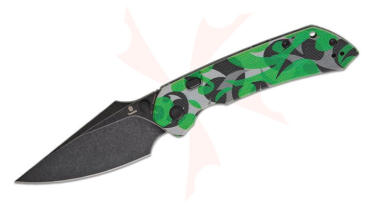 Tenable Knives Fenrir Top Liner Lock Folding Knife 3.45 inch D2 Black Stonewashed Harpoon Blade, Green Camouflage Pattern Jade G10 Handles