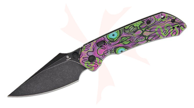 Tenable Knives Fenrir Top Liner Lock Folding Knife 3.45 inch D2 Black Stonewashed Harpoon Blade, Purple Undead Print Jade G10 Handles