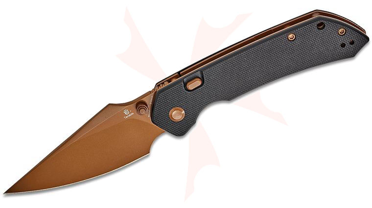 Tenable Knives Fenrir Top Liner Lock Folding Knife 3.45 inch Nitro-V Rose Gold Coated Harpoon Blade, Black G10 Handles