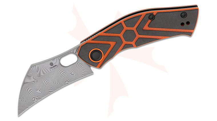 Tenable Knives Jonathan Shaw Osprey Front Flipper Knife 2.23 inch Water Ripple Damascus Hawkbill Blade, Twill Carbon Fiber and Orange G10 Handles