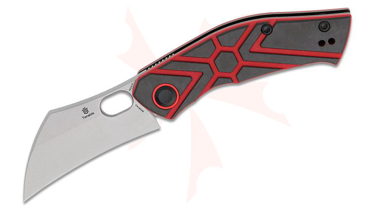 Tenable Knives Jonathan Shaw Osprey Front Flipper Knife 2.23 inch Nitro-V Stonewashed Hawkbill Blade, Twill Carbon Fiber and Red G10 Handles