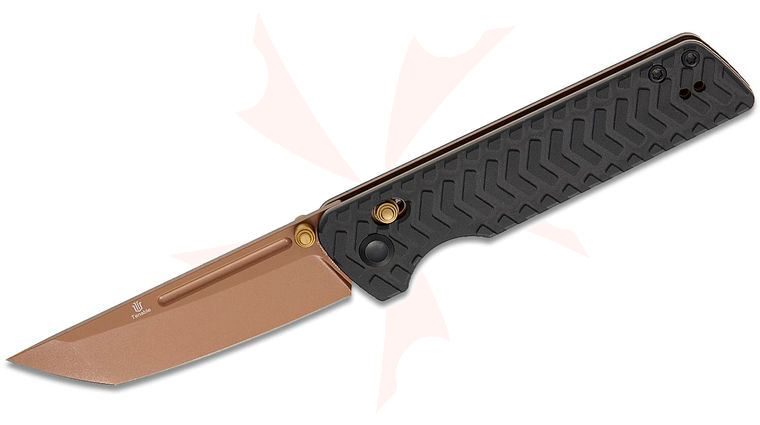 Tenable Knives Dirk Pinkerton Anomaly Crossbar Lock Folding Knife 3.14 inch Nitro-V Rose Gold Tanto Blade, Black Chevron Pattern Aluminum Handles