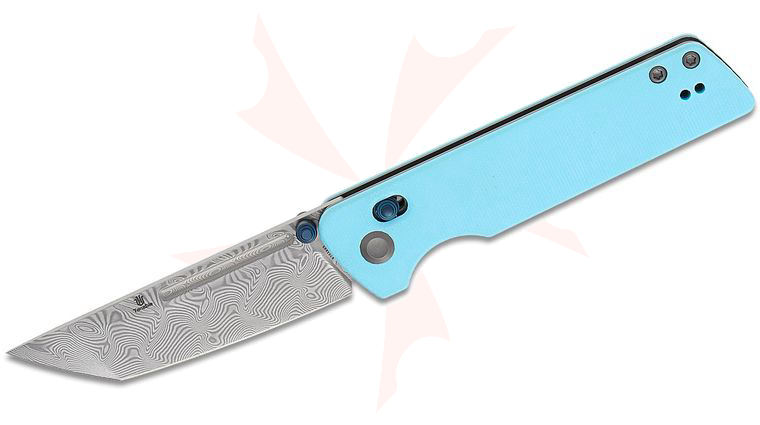 Tenable Knives Dirk Pinkerton Anomaly Crossbar Lock Folding Knife 3.14 inch Damascus Tanto Blade, Blue G10 Handles