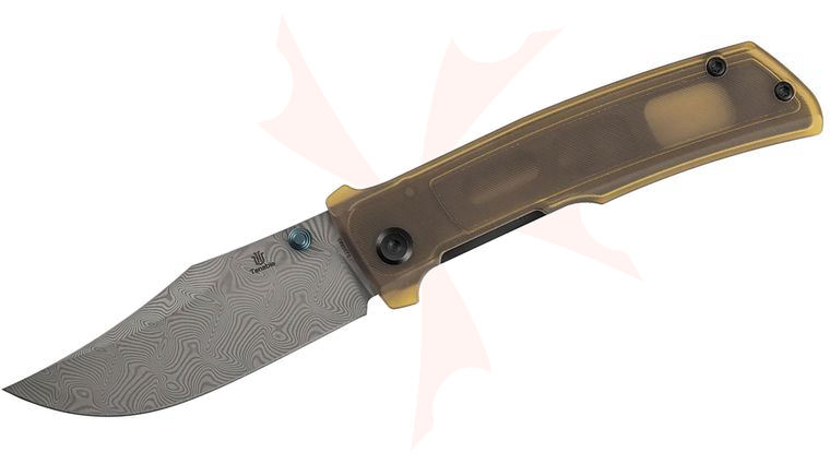 Tenable Knives Ray Laconico Bison Flipper Knife 3.24 inch Water Ripple Pattern Damascus Clip Point Blade, Amber Ultem Handles