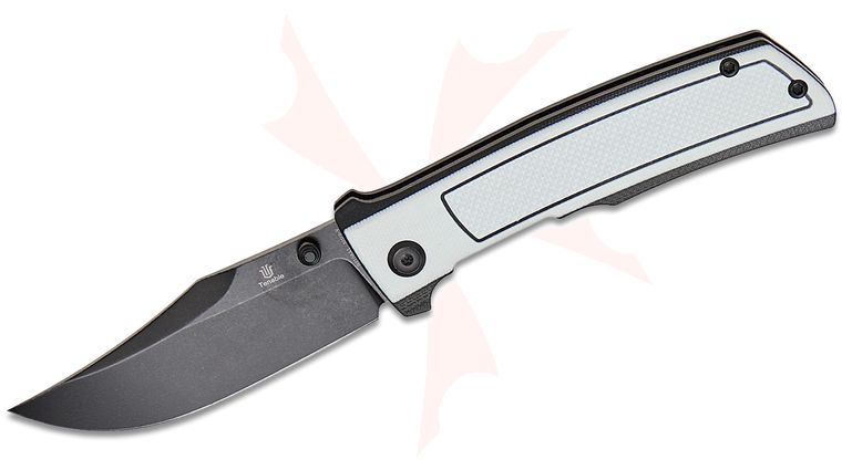 Tenable Knives Ray Laconico Bison Flipper Knife 3.24 inch Nitro-V Black Stonewashed Clip Point Blade, Black & White Frag Pattern G10 Handles