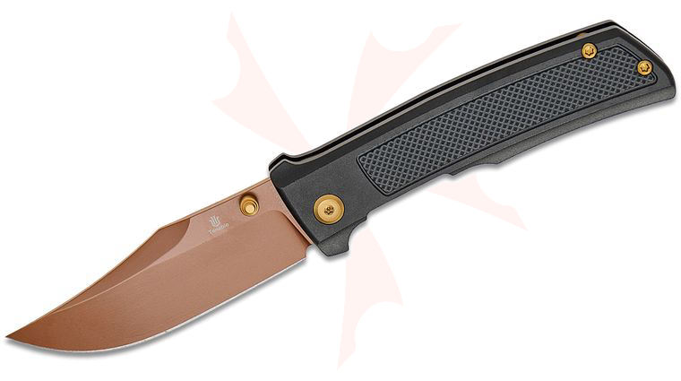 Tenable Knives Ray Laconico Bison Flipper Knife 3.24 inch Nitro-V Rose Gold Clip Point Blade, Black Frag Pattern Aluminum Handles