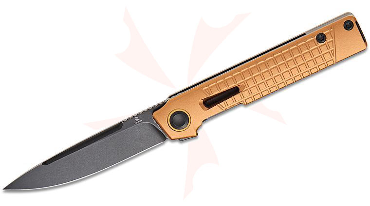 Tenable Knives Jonathan Styles Kitpu Liner Lock Flipper Knife 2.9 inch Nitro-V Black Stonewashed Drop Point Blade, Bronze Frag Pattern Aluminum Handles, Reversible Bayonet Clip