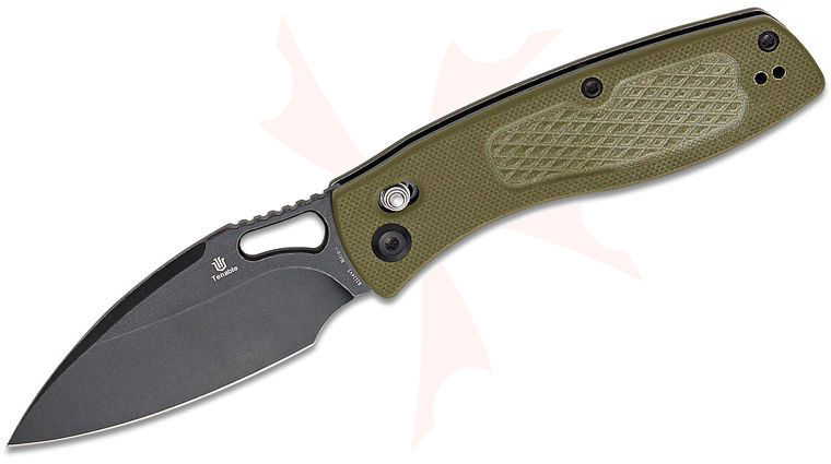 Tenable Knives Heron Crossbar Lock Folding Knife 3.13 inch Nitro-V Black Stonewashed Leaf Blade, Olive Green G10 Handle with Diamond Pattern