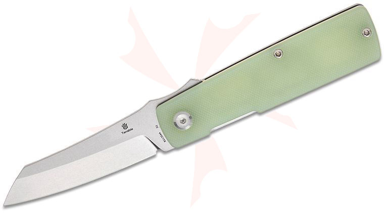 Tenable Knives Goran Mihajlovic Higonokami Liner Lock Front Flipper Knife 3.02  inch D2 Stonewashed Reverse Tanto Blade, Jade G10 Handles, Reversible Clip