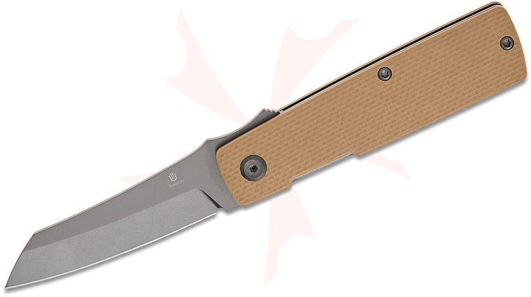 Tenable Knives Goran Mihajlovic Higonokami Liner Lock Front Flipper Knife 3.02  inch D2 Gray Reverse Tanto Blade, Light Sand G10 Handles, Reversible Clip