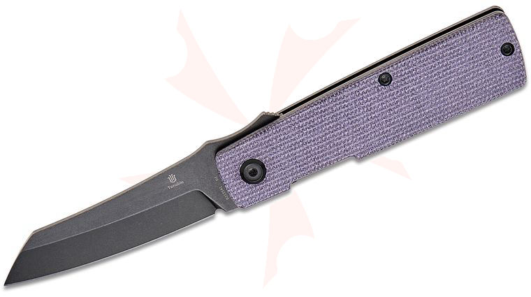 Tenable Knives Goran Mihajlovic Higonokami Liner Lock Front Flipper Knife 3.02  inch D2 Black Stonewashed Reverse Tanto Blade, Purple Micarta Handles, Reversible Clip