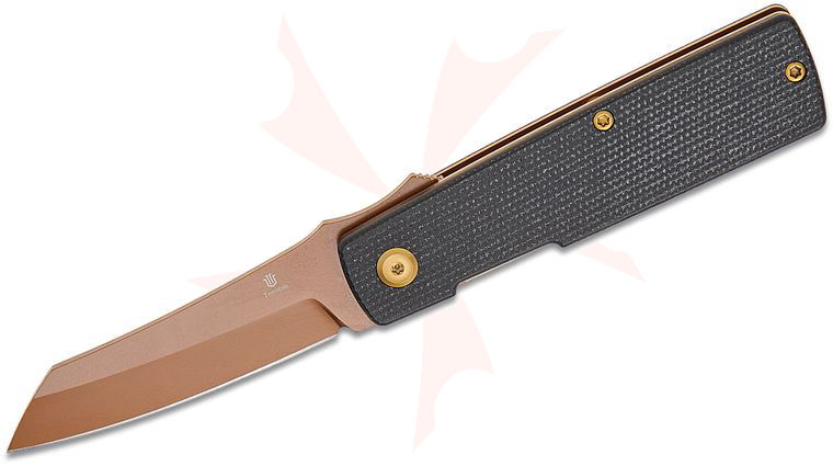 Tenable Knives Goran Mihajlovic Higonokami Liner Lock Front Flipper Knife 3.02  inch D2 Rose Gold Reverse Tanto Blade, Black Micarta Handles, Reversible Clip