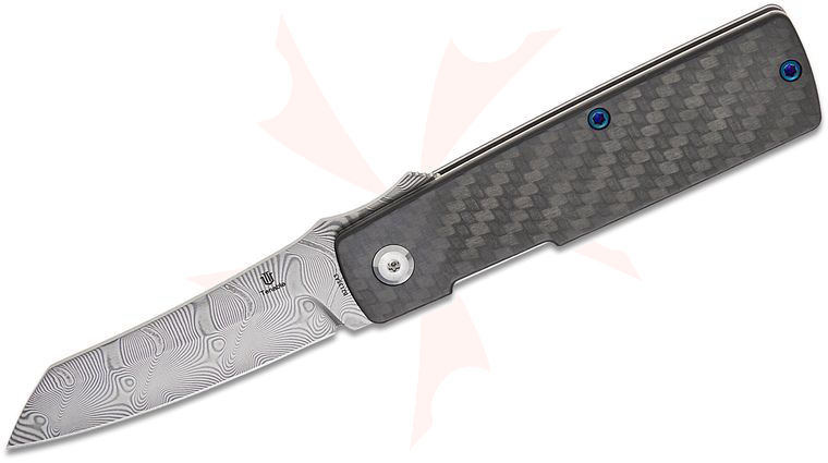 Tenable Knives Goran Mihajlovic Higonokami Liner Lock Front Flipper Knife 3.02  inch Water Ripple Damascus Reverse Tanto Blade, Twill Carbon Fiber Handles, Reversible Clip