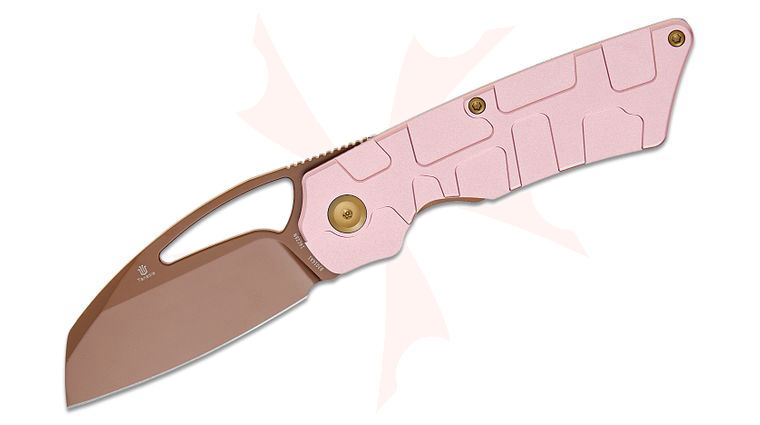 Tenable Knives Marshall Noble Goblin L Liner Lock Front Flipper Knife 3.08 inch 14C28N Rose Gold Sheepsfoot Blade, Rose Gold Machined Aluminum Handles, Reversible Clip