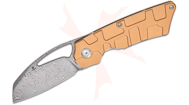 Tenable Knives Marshall Noble Goblin L Liner Lock Front Flipper Knife 3.08 inch Water Ripple Damascus Sheepsfoot Blade, Bronze Machined Aluminum Handles, Reversible Clip