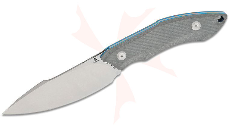Tenable Knives Luccio Fixed Blade Knife 3.81 inch 14C28N Stonewashed Harpoon Blade, Gray G10 Handles with Blue Liners