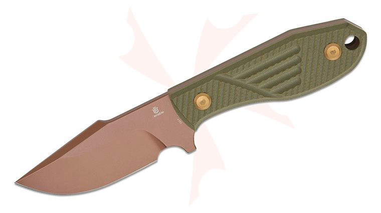 Tenable Knives Tiny Dancer Fixed Blade Knife 3.17 inch D1 Rose Gold Harpoon Blade, Olive Green G10 Handles, Kydex Sheath