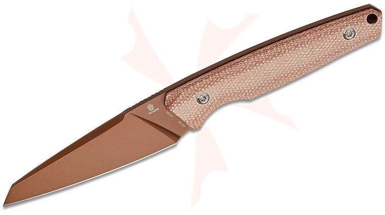 Tenable Knives Jonathan Styles Parr Fixed Blade Knife 2.88 inch 14C28N Rose Gold Coated Reverse Tanto Blade, Brown Micarta Handles, Kydex IWB Sheath