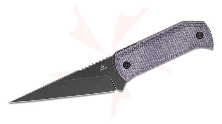Tenable Knives Dirk Pinkerton ToothPik Fixed Blade Knife 3.04 inch 14C28N Black Stonewashed Modified Kiridashi Blade, Purple Micarta Handles, Kydex Sheath