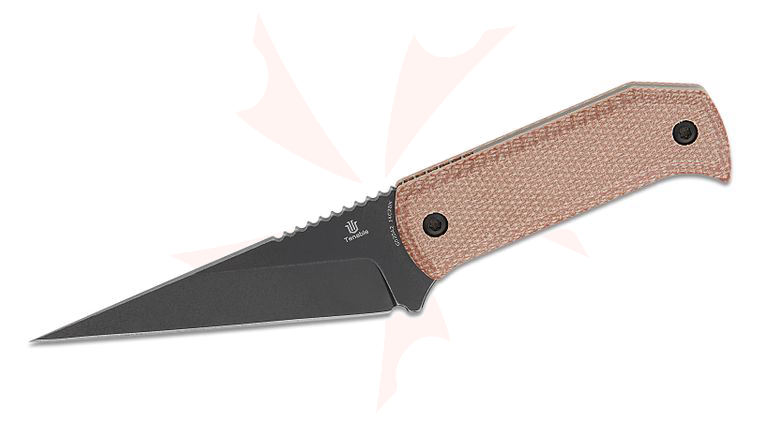 Tenable Knives Dirk Pinkerton ToothPik Fixed Blade Knife 3.04 inch 14C28N Black Stonewashed Modified Kiridashi Blade, Brown Micarta Handles, Kydex Sheath