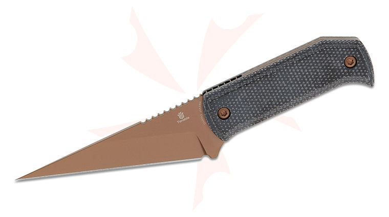 Tenable Knives Dirk Pinkerton ToothPik Fixed Blade Knife 3.04 inch 14C28N Rose Gold Modified Kiridashi Blade, Black Micarta Handles, Kydex Sheath