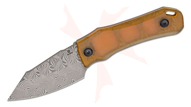 Tenable Knives Loki Fixed Blade Knife 2.99 inch Damascus Wharncliffe Blade, Amber Ultem/PEI Handles, Kydex Sheath