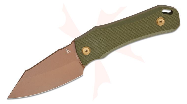 Tenable Knives Loki Fixed Blade Knife 2.99 inch D2 Rose Gold Coated Wharncliffe Blade, Olive Green G10 Handles, Kydex Sheath