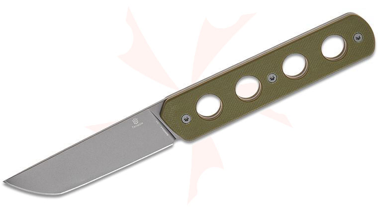 Tenable Knives Rolf Helbig Foosa Fixed Blade Knife 3.06 inch D2 Gray TiCN Tanto Blade, Skeletonized Olive Green G10 Handles, Nylon Sheath