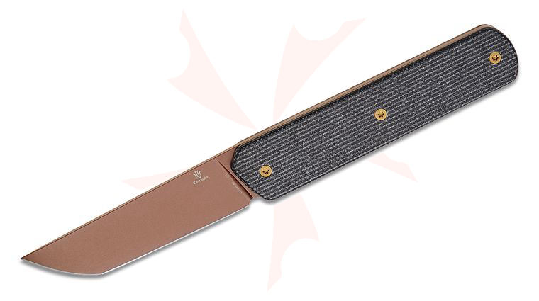 Tenable Knives Rolf Helbig Foosa Fixed Blade Knife 3.06 inch D2 Rose Gold Tanto Blade, Black Micarta Handles, Nylon Sheath
