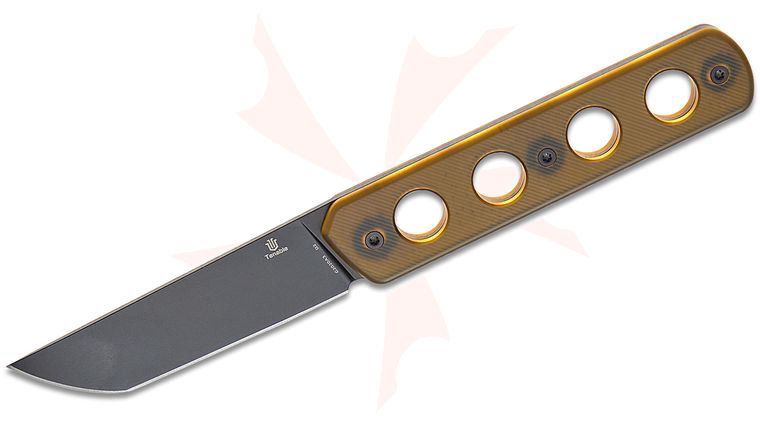 Tenable Knives Rolf Helbig Foosa Fixed Blade Knife 3.06 inch D2 Black Stonewashed Tanto Blade, Skeletonized Amber Ultem Handles, Nylon Sheath