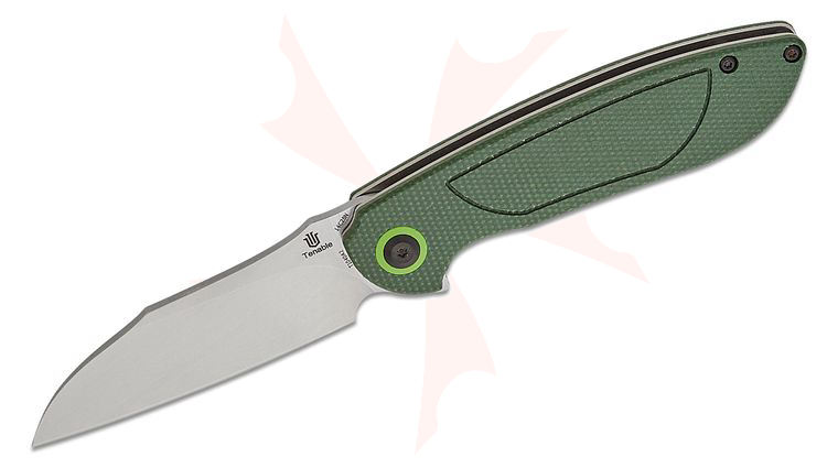 Tenable Knives Prometheus Liner Lock Flipper Knife 3.29 inch 14C28N Stonewashed Sheepsfoot Blade, Green Micarta Handles