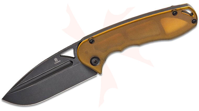 Tenable Knives Midgards Messer Bombur Liner Lock Folding Knife 3.53 inch D2 Black Stonewashed Drop Point Blade, Amber Ultem Handles