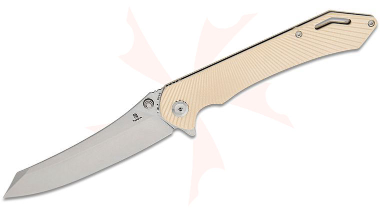 Tenable Knives Kmaxrom Colibri Tech Flipper Knife 4.34 inch Nitro-V Stonewashed Reverse Tanto Blade, Ivory White G10 Handles