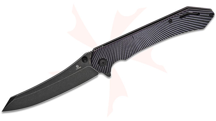 Tenable Knives Kmaxrom Colibri Tech Flipper Knife 4.34 inch Nitro-V Black Stonewashed Reverse Tanto Blade, Black and Purple G10 Handles