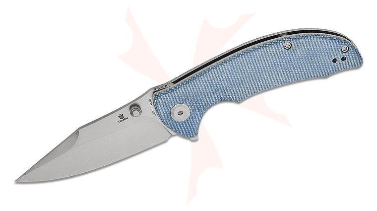 Tenable Knives Rei Liner Lock Flipper Knife 3.3 inch 14C28N Stonewashed Clip Point Blade, Blue Canvas Micarta Handles