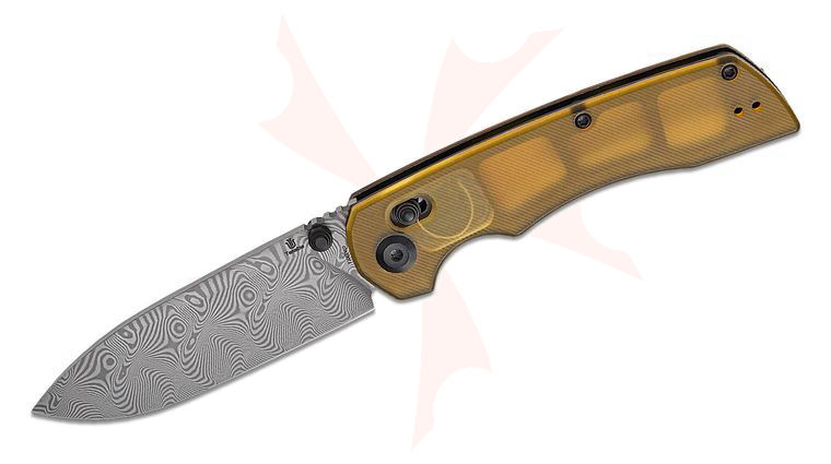 Tenable Knives Kryo Crossbar Lock Folding Knife 3.58 inch Damascus Drop Point Blade, Amber UItem Handles